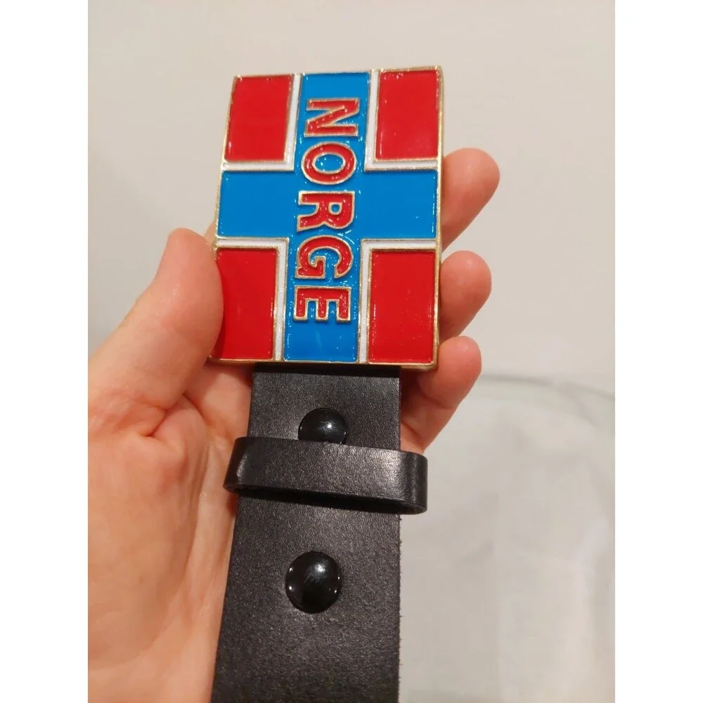 Black Italian Leather Belt with a buckle featuring the flag of Norway 